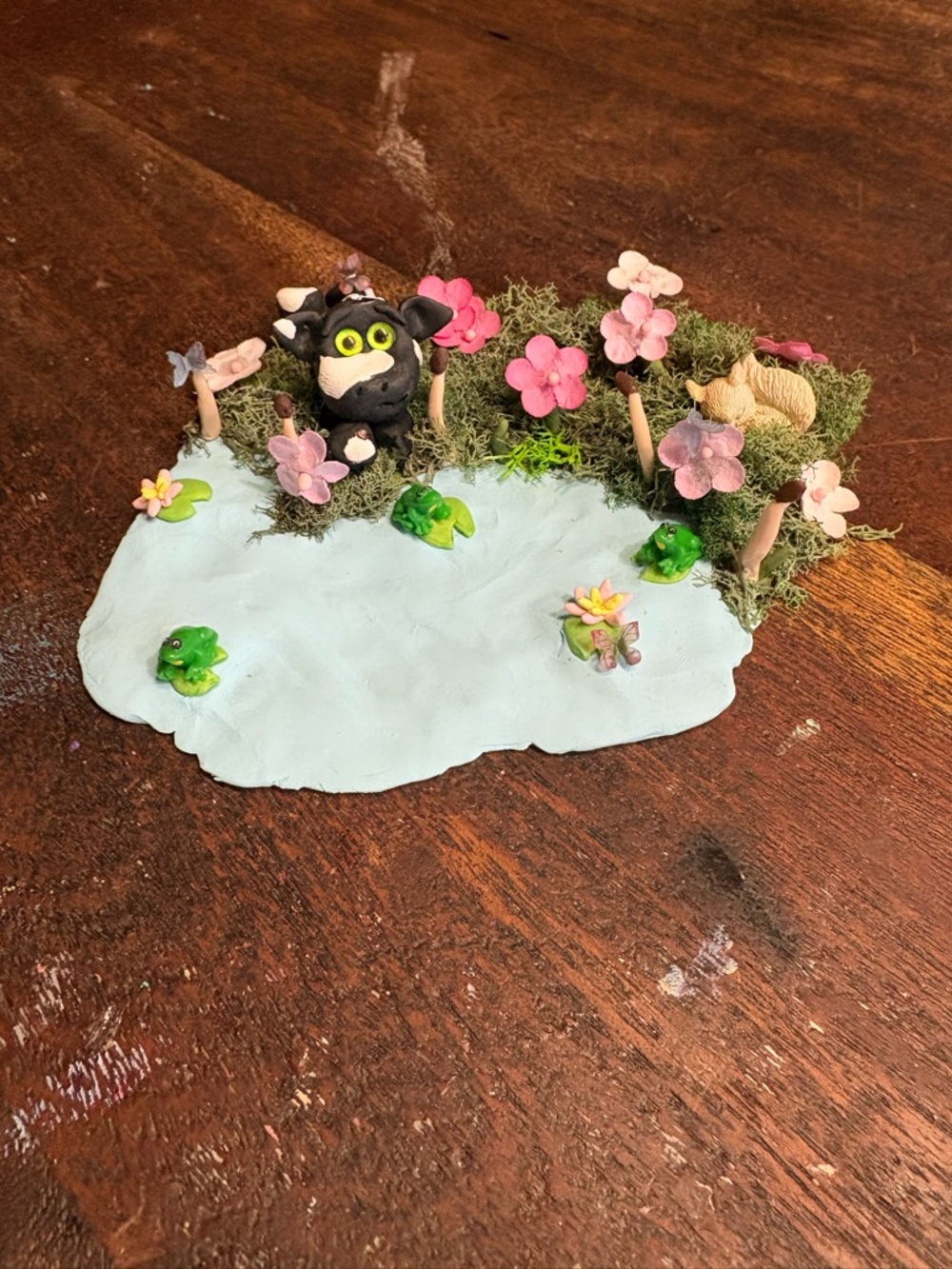 Handmade Miniature Cow Pond Scene with Frogs and Flowers